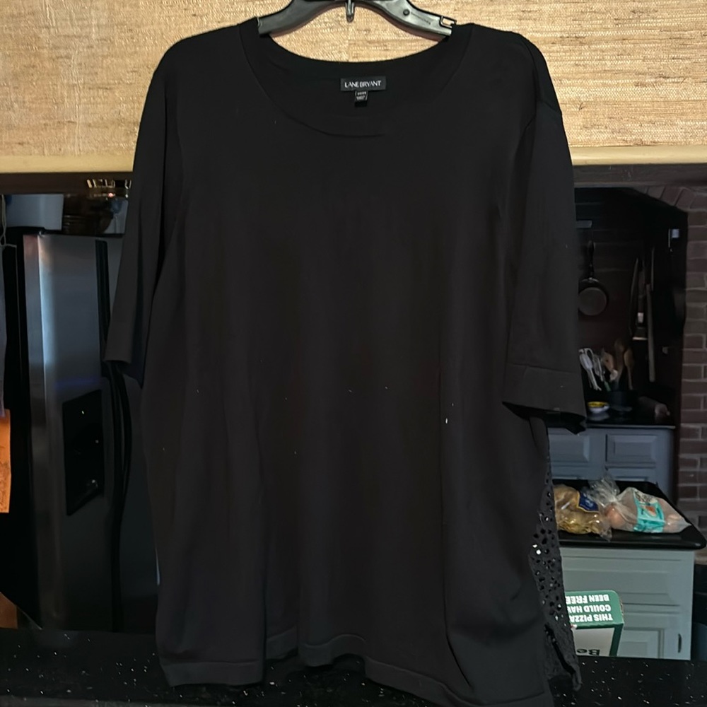 Lane Bryant black short sleeve light sweater w/ lace overlay on back NWOT